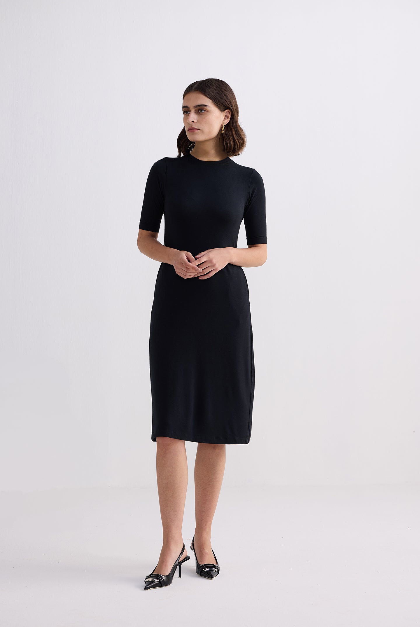 High Crew Neck Elbow Sleeves Fitted Dress in Black Moodshot