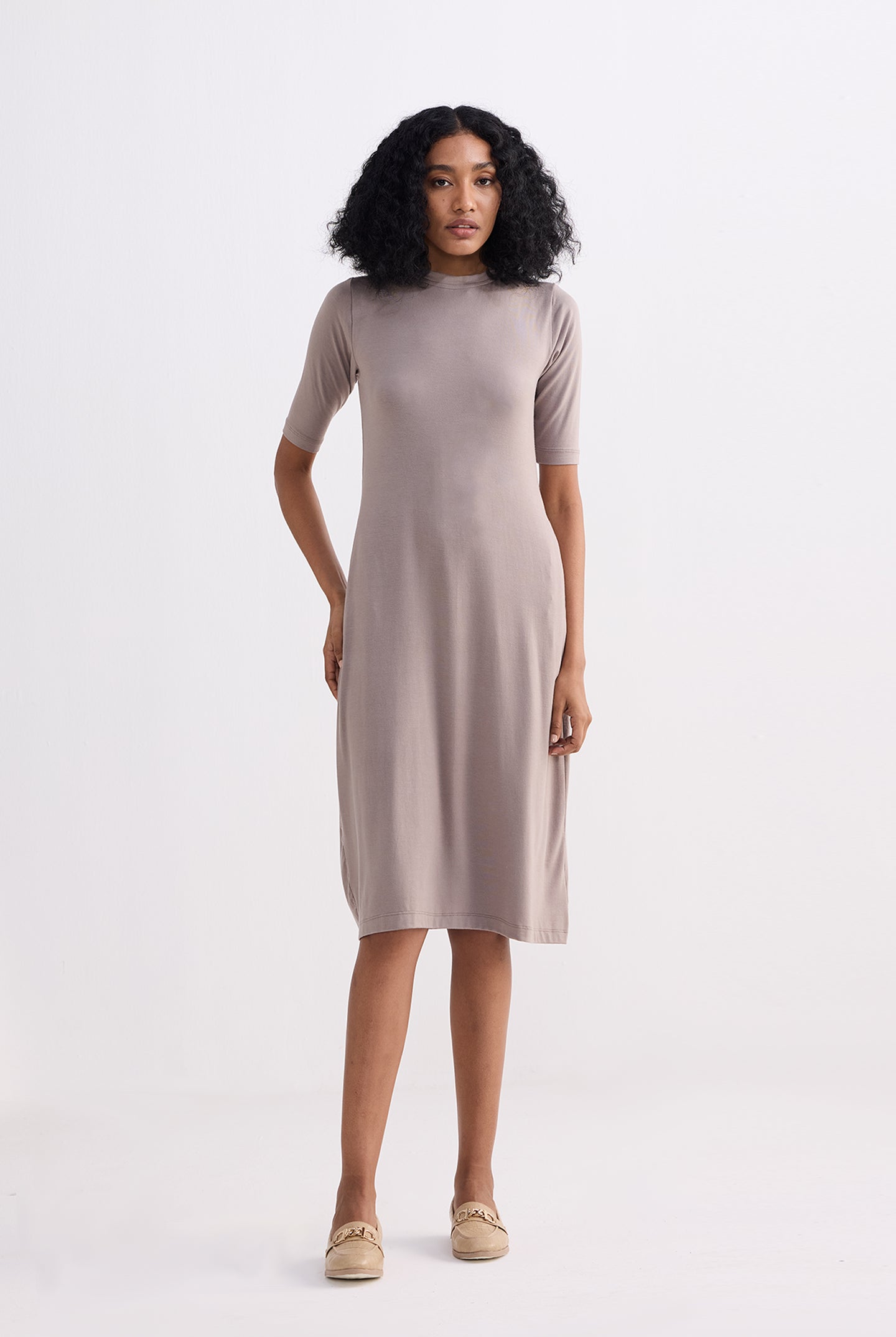 High Crew Neck Elbow Sleeves Fitted Dress in Dusty Brown Front