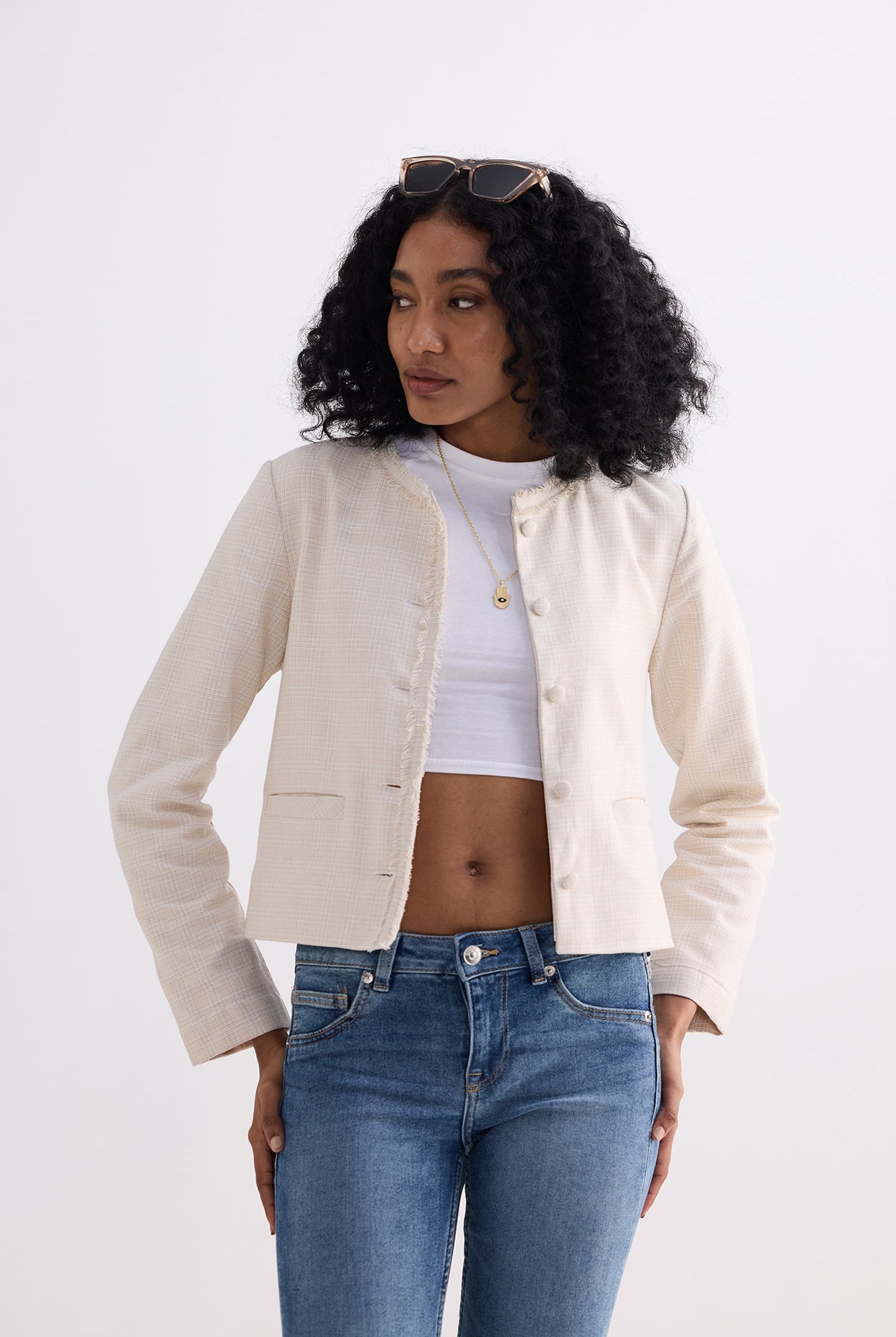 Lady Jacket in Cream Cotton Tweed Medium Shot
