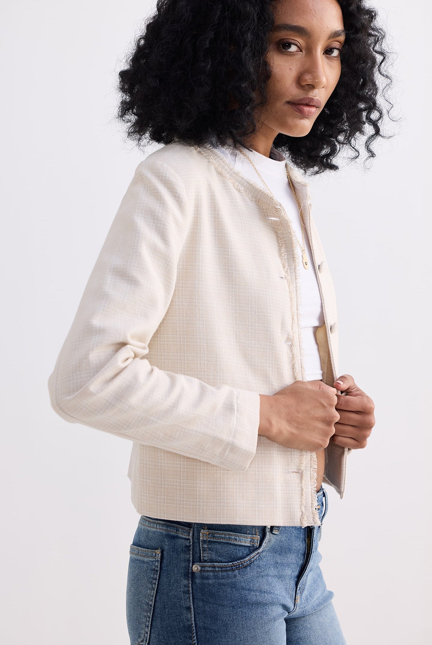 Lady Jacket in Cream Cotton Tweed Closeup