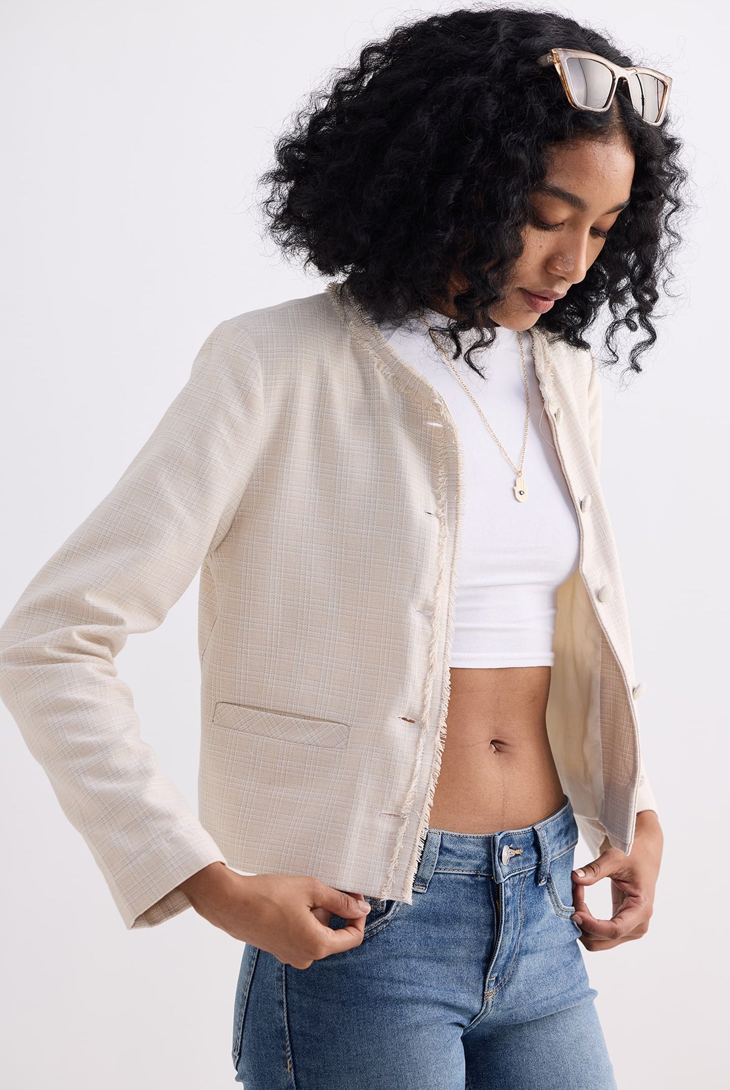 Lady Jacket in Cream Cotton Tweed Closeup