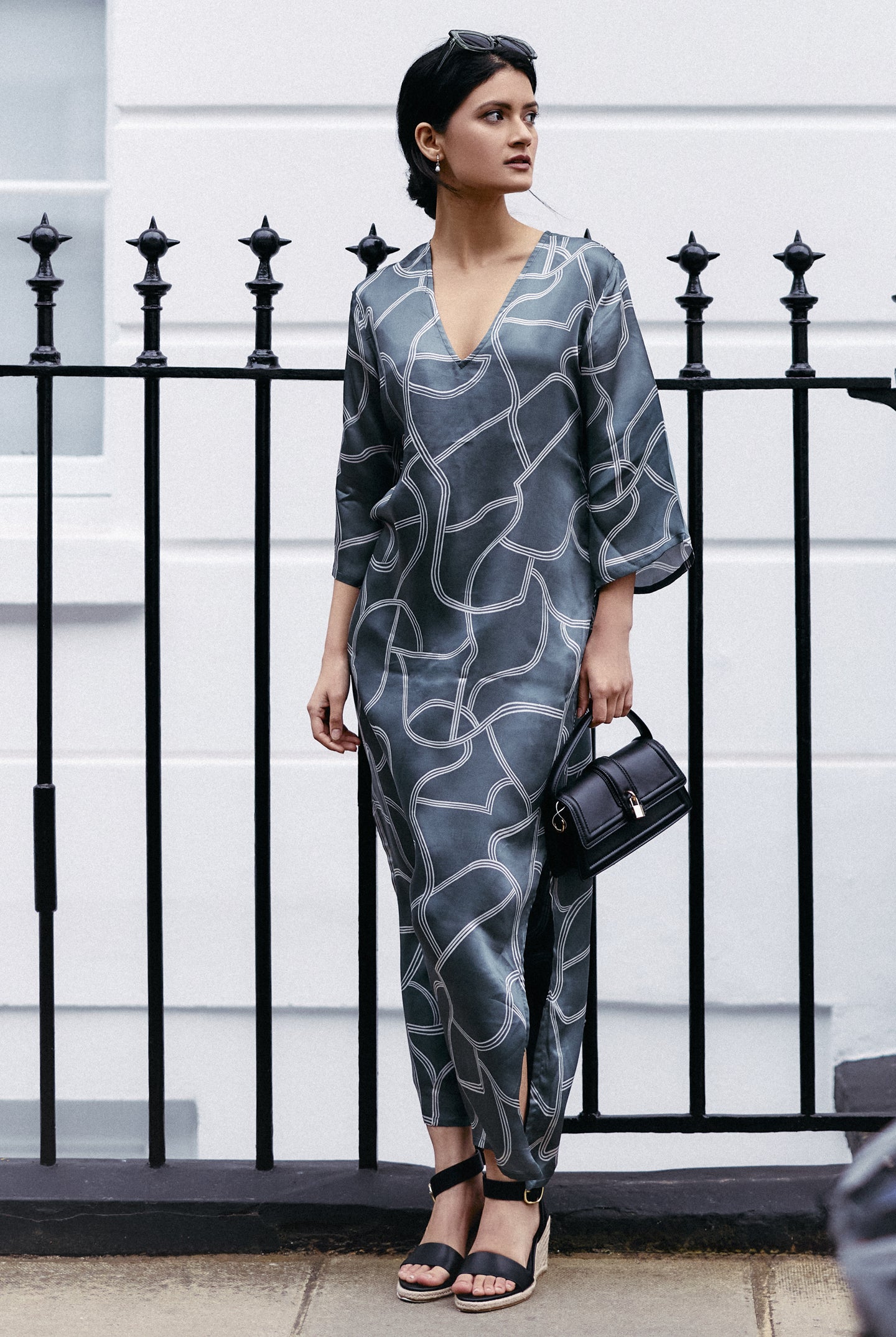 Maxi Dress with Side Slits in Abstract Stripes Moodshot