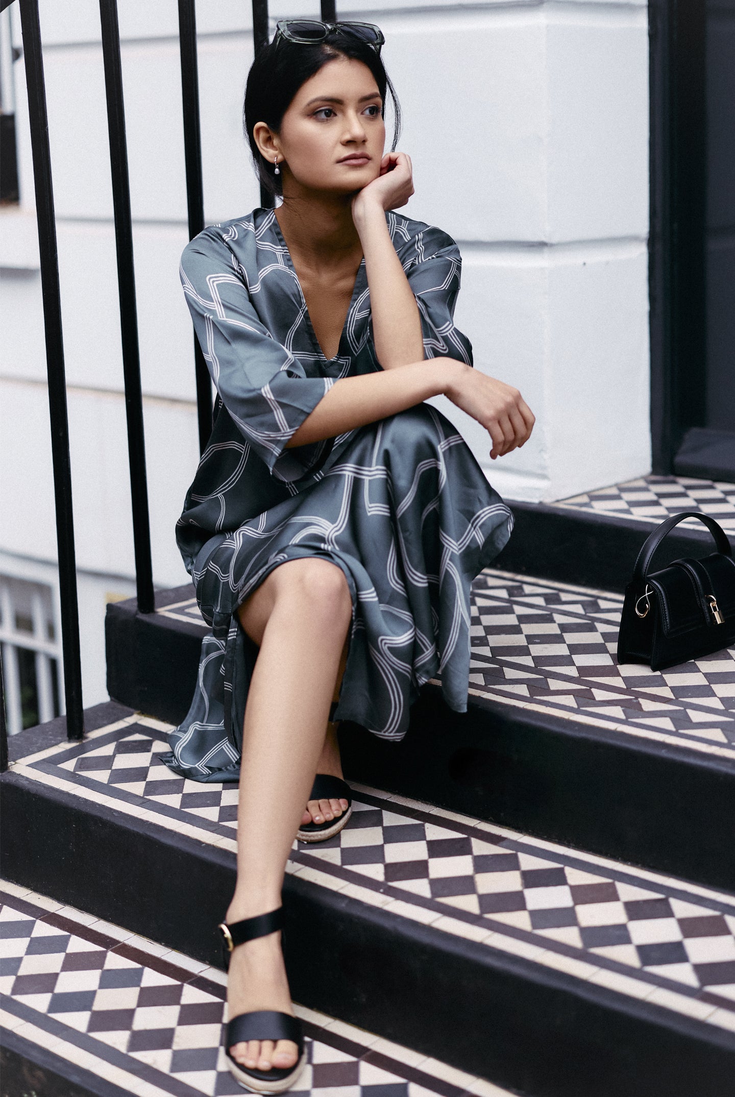 Maxi Dress with Side Slits in Abstract Stripes Moodshot