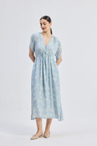 Maxi Gathered Dress in Blue Florals Front