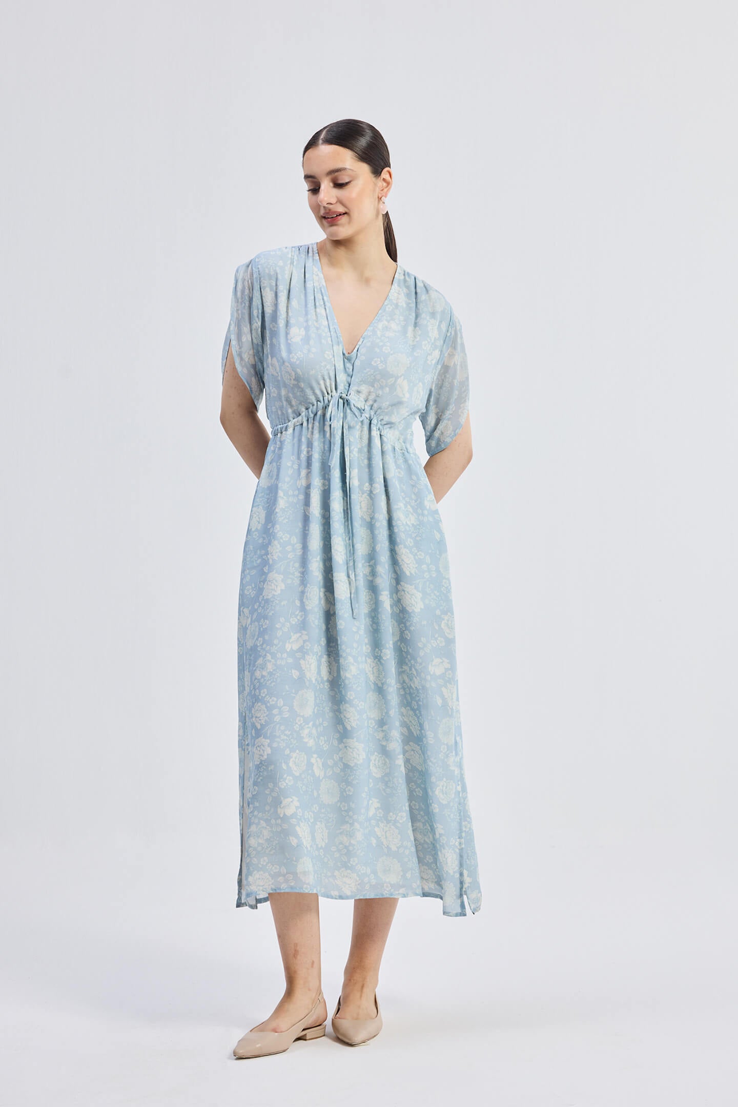 Maxi Gathered Dress in Blue Florals Front