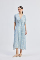 Maxi Gathered Dress in Blue Florals Front