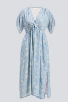 Maxi Gathered Dress in Blue Florals Flat Lay