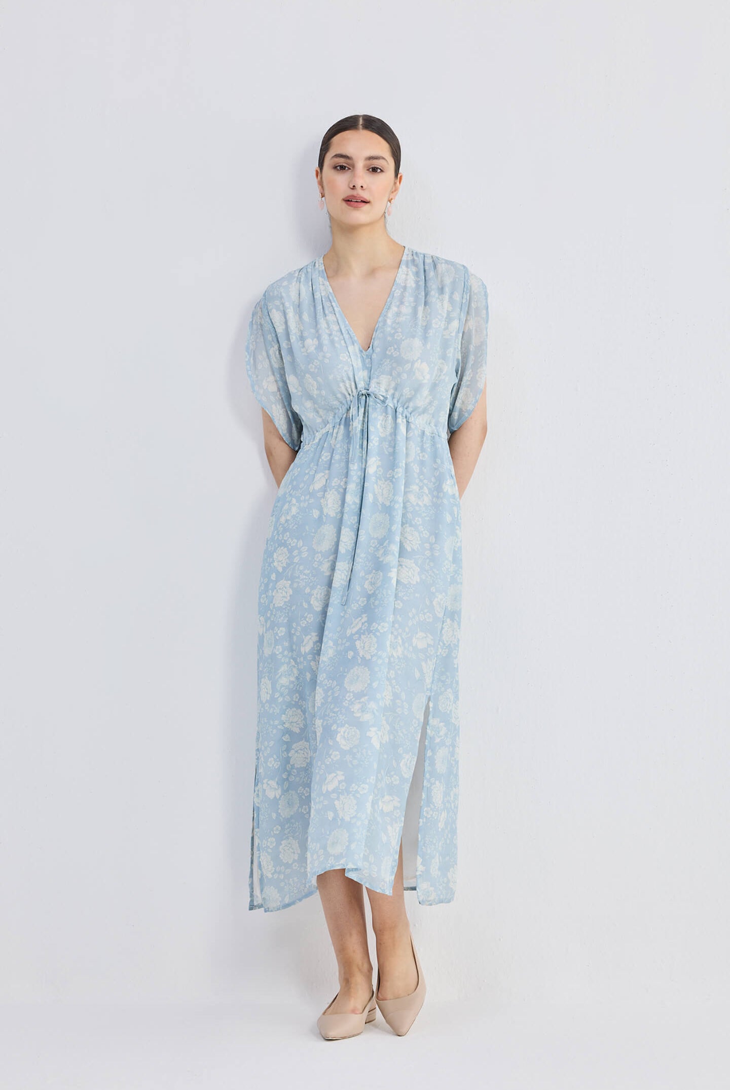 Maxi Gathered Dress in Blue Florals Front