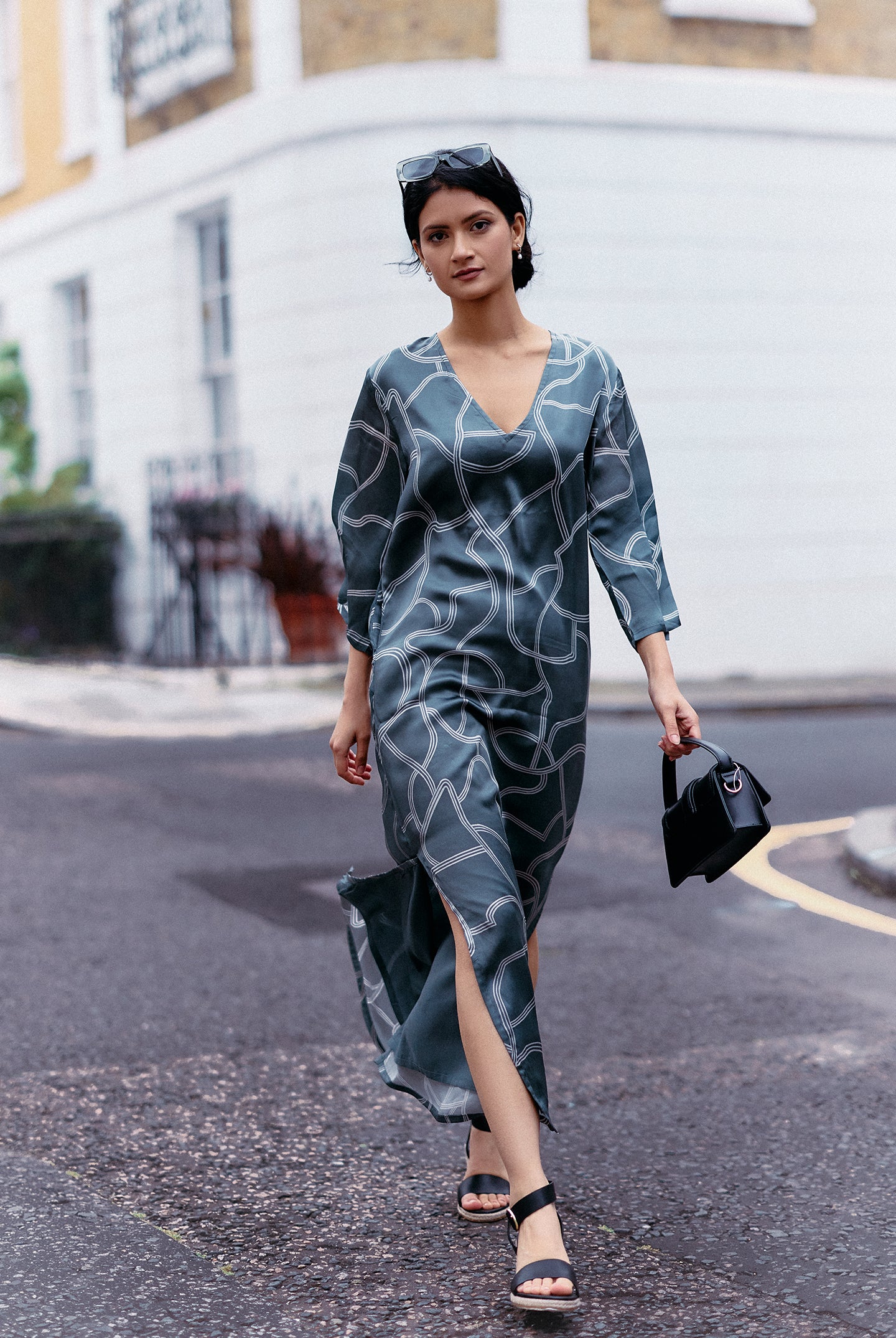 Maxi Dress with Side Slits in Abstract Stripes Moodshot