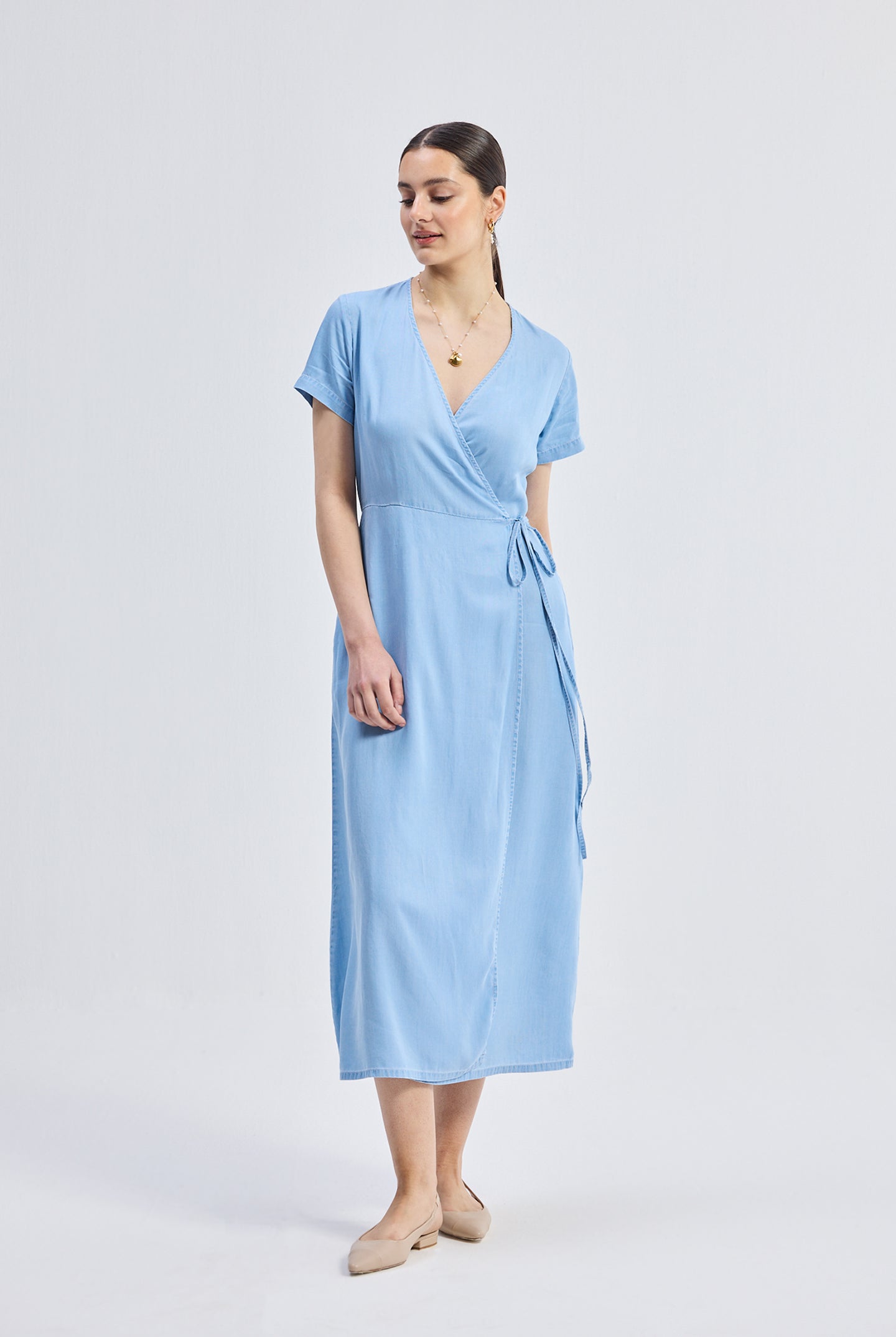 Maxi Wrap Dress in Light Blue Front