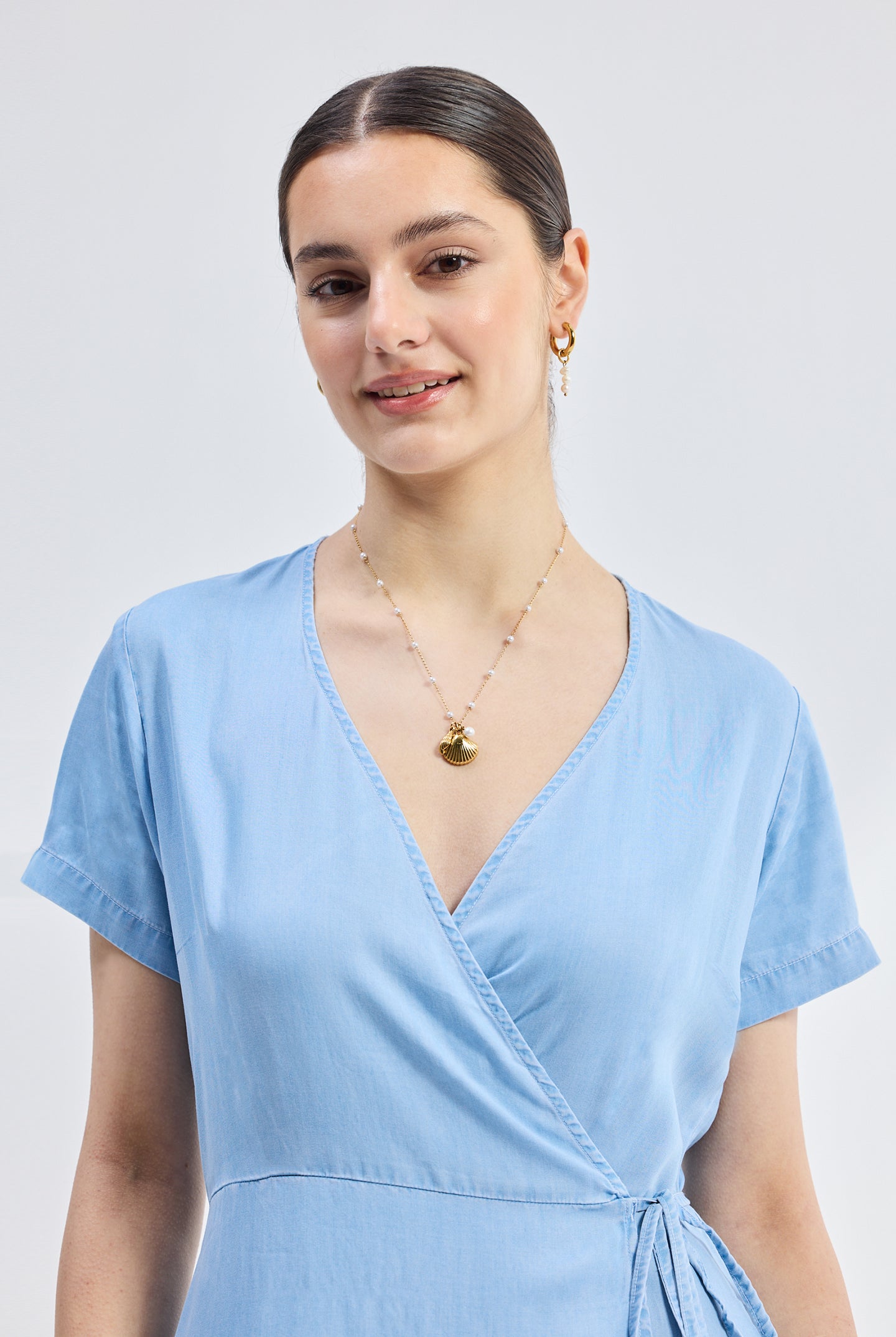 Maxi Wrap Dress in Light Blue Closeup