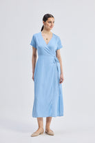 Maxi Wrap Dress in Light Blue Front