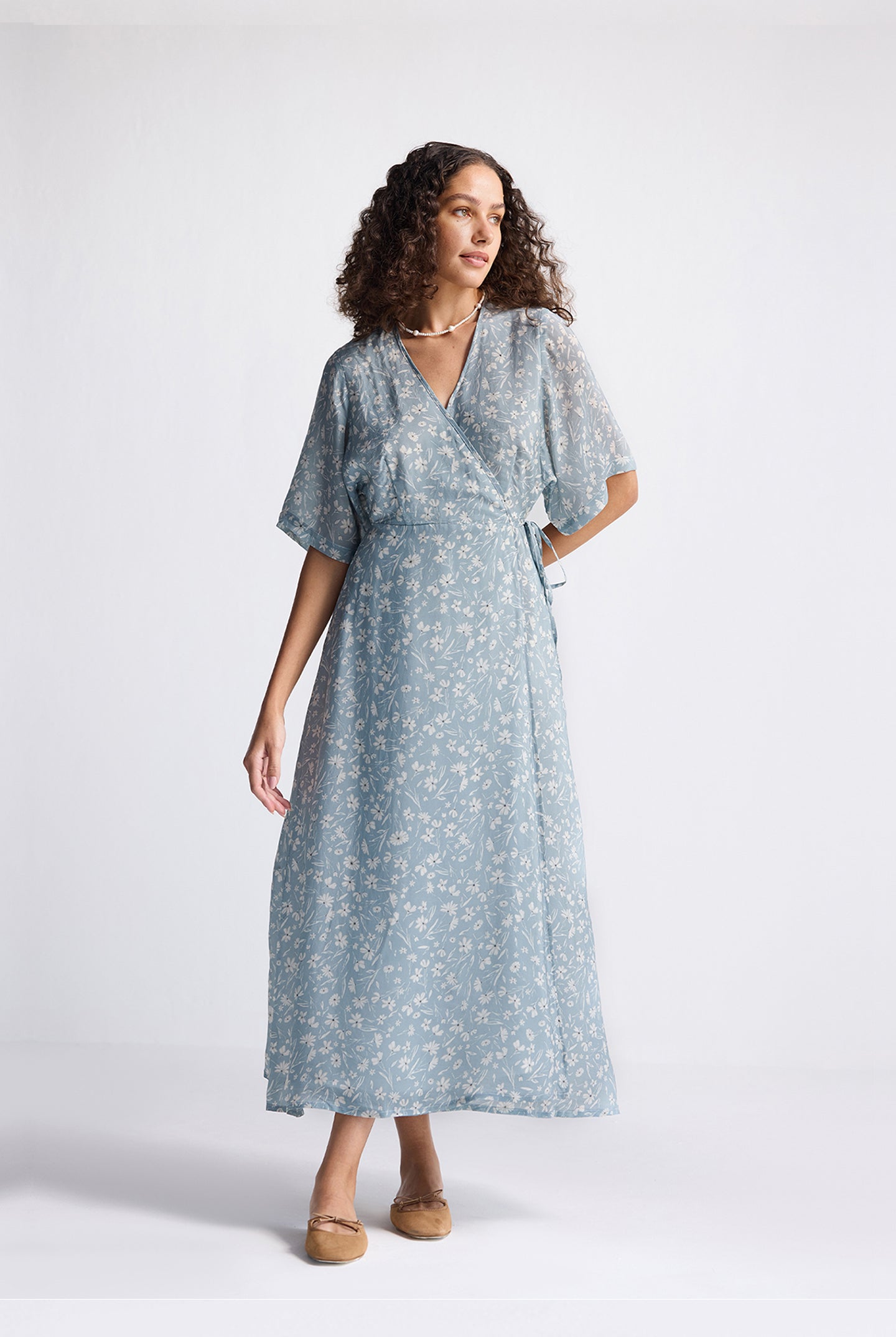 Maxi Wrap Dress in Light Blue Florals Long Shot