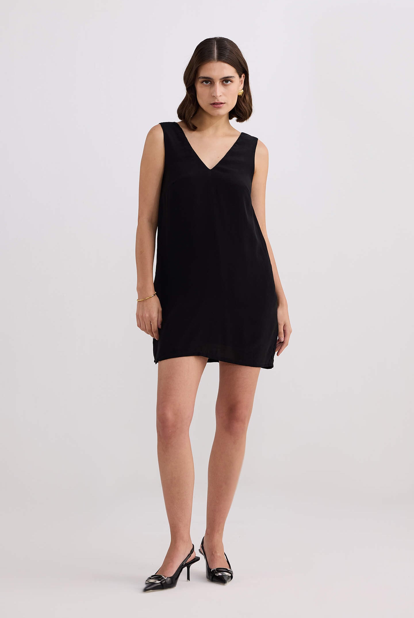 Midnight Muse V-neck Short Dress in Black Front