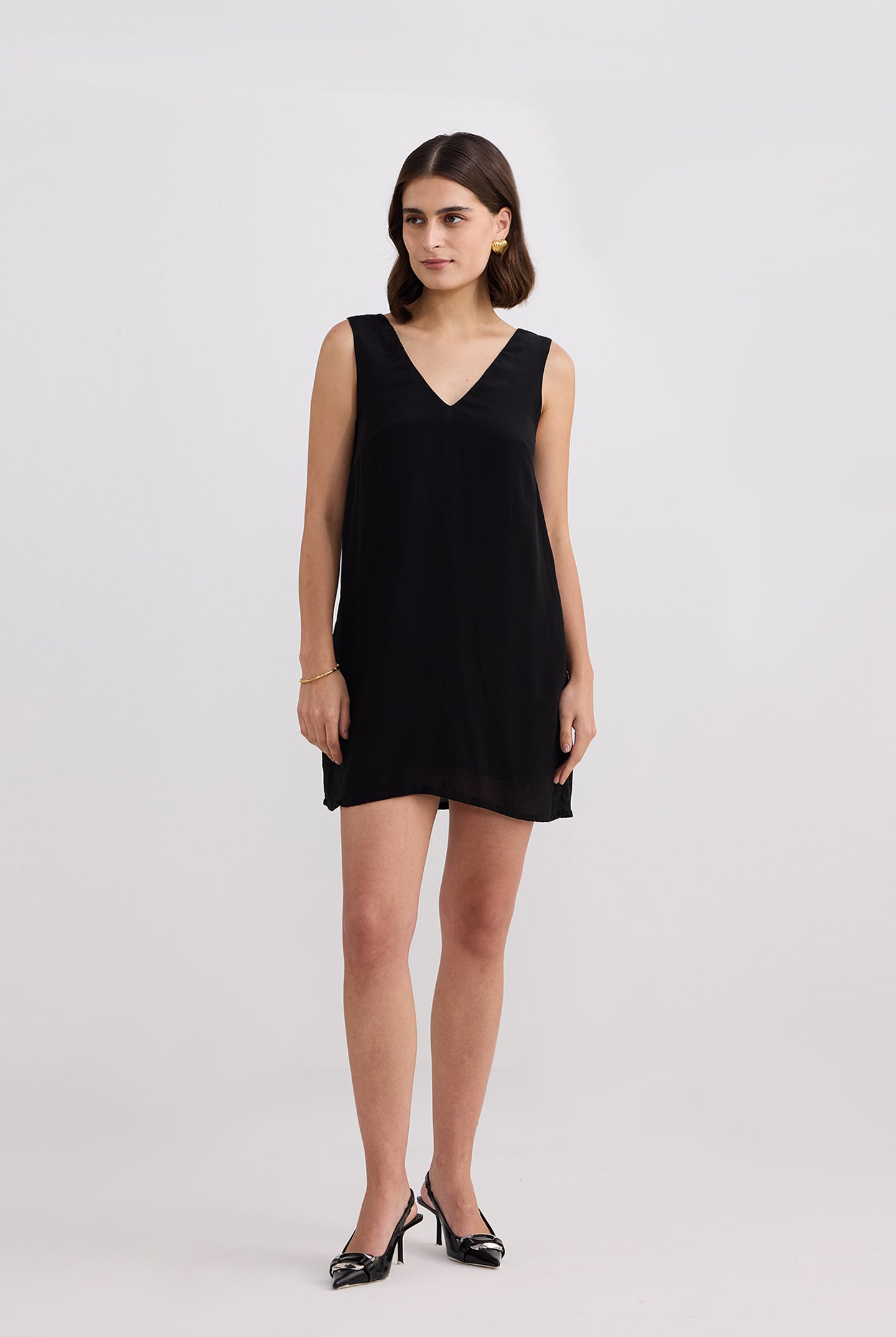 Midnight Muse V-neck Short Dress in Black Front