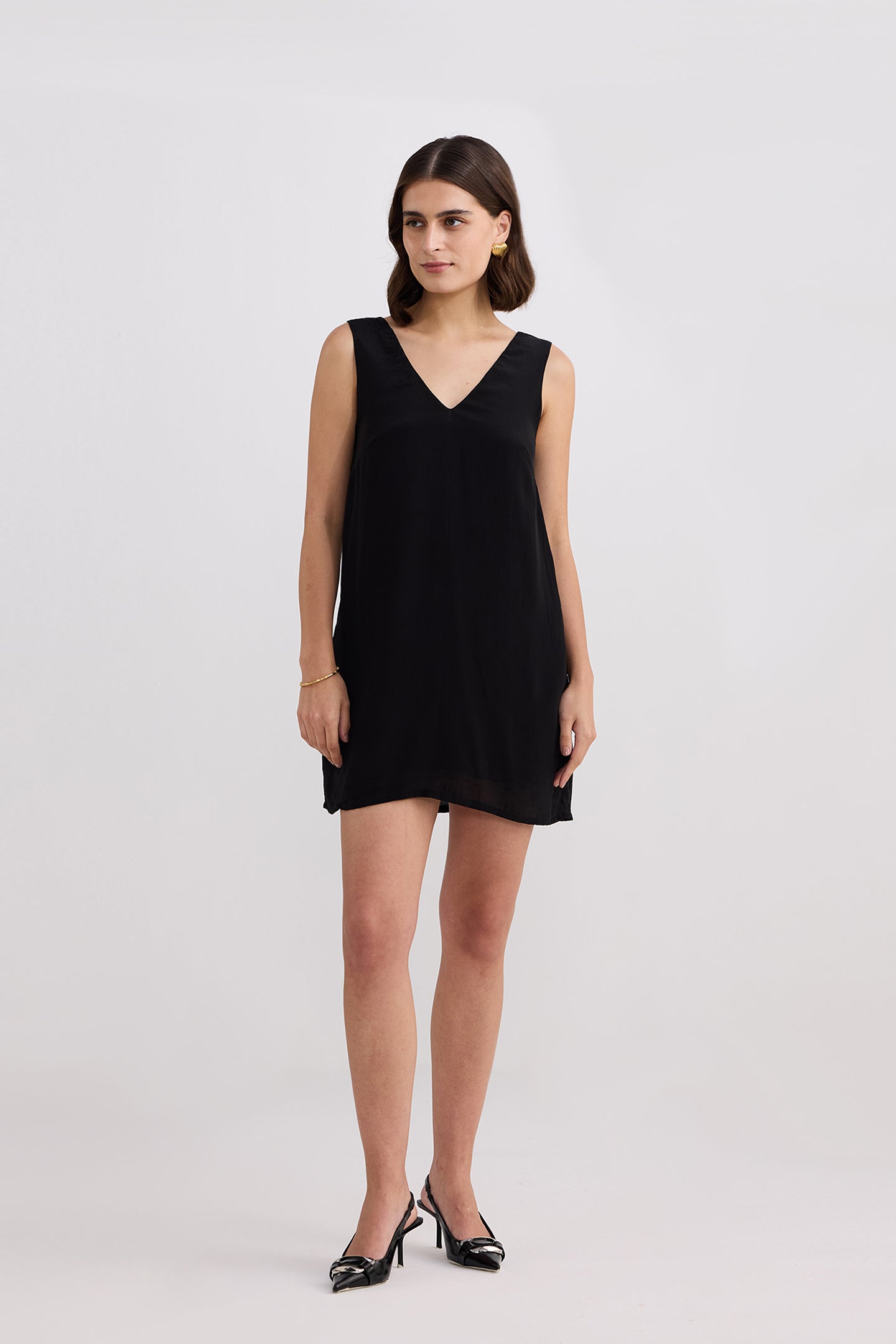 Midnight Muse V-neck Short Dress in Black Front