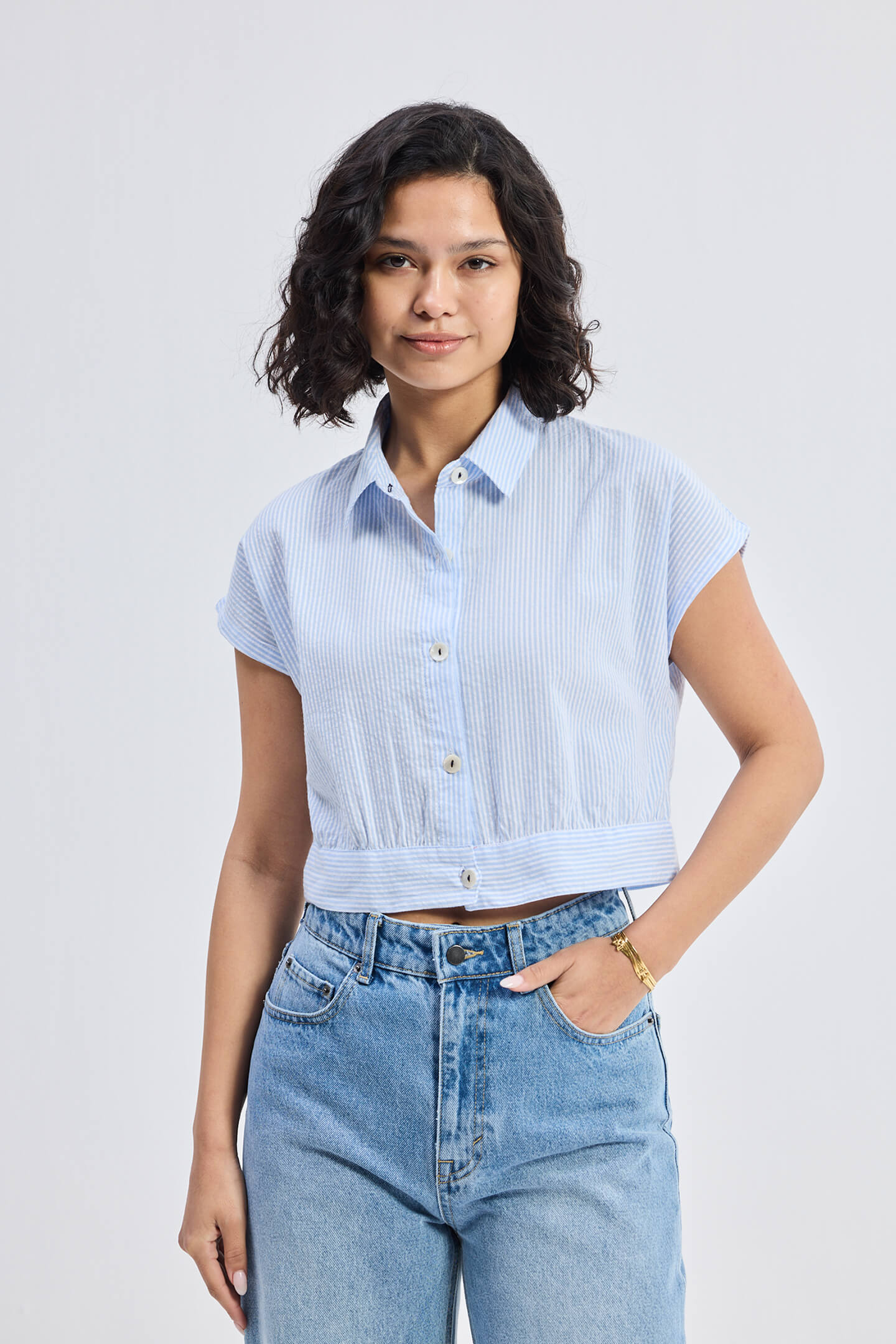 Oversized Crop Shirt in Classic Stripes Front