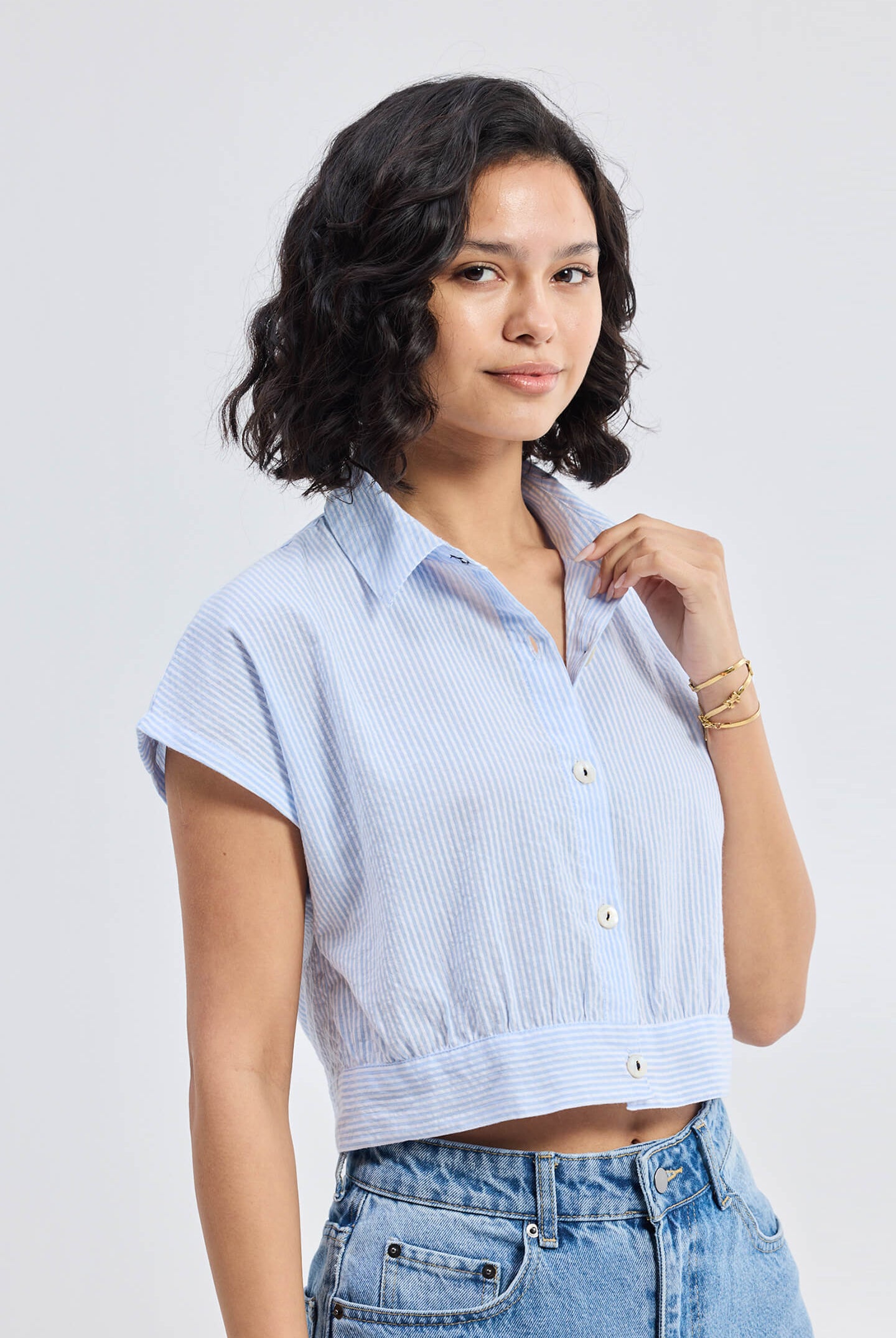 Oversized Crop Shirt in Classic Stripes Front