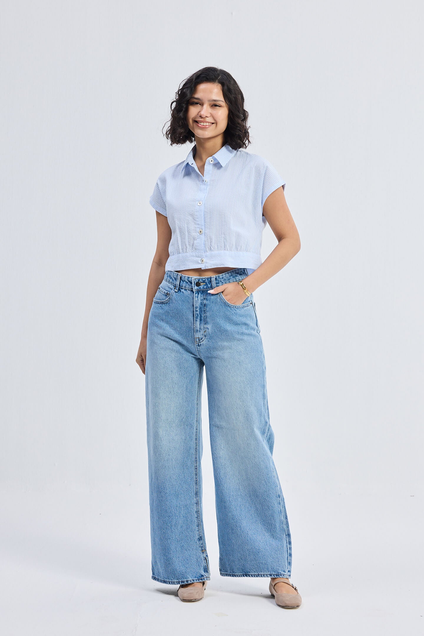 Oversized Crop Shirt in Classic Stripes Front