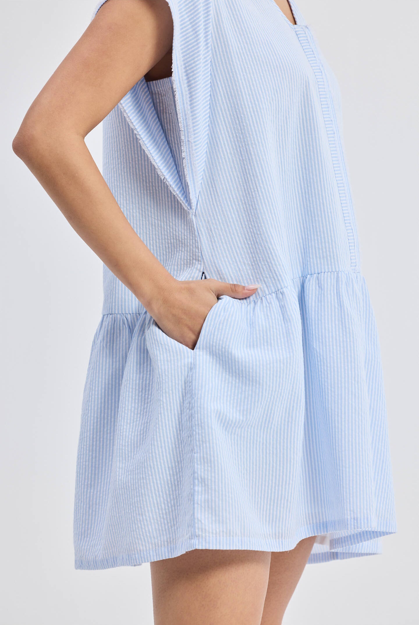 Oversized V neck Short Dress with Frayed Sleeves Closeup