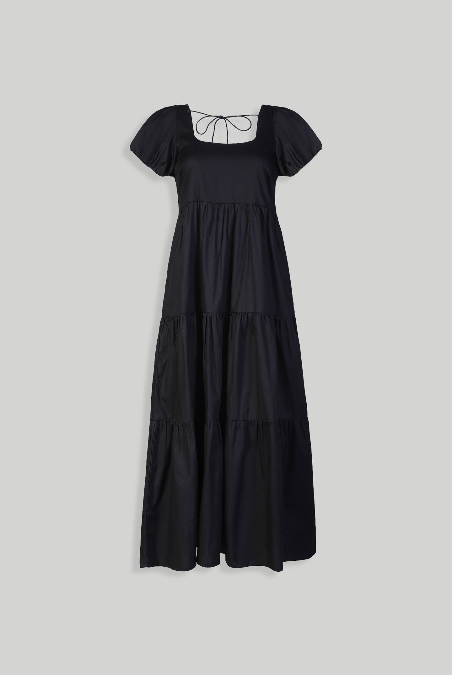 Puff Sleeved Tiered Maxi Dress in Black Flat Lay