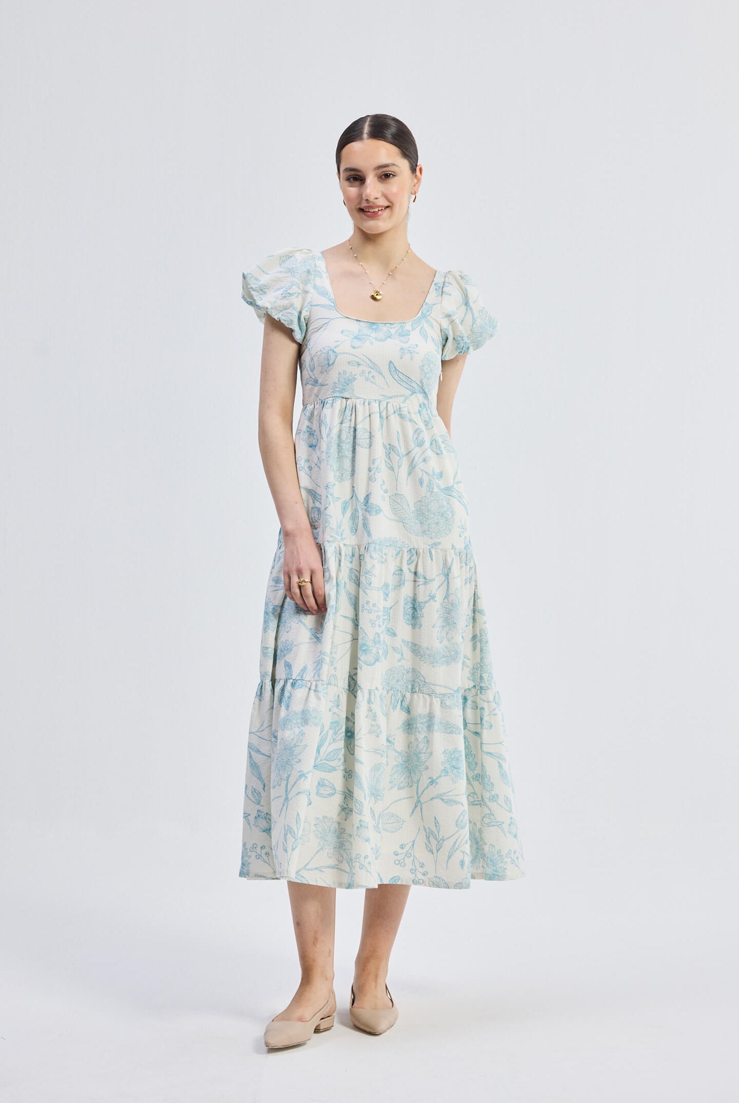 Puff Sleeve Tiered Maxi Dress in Blue Florals Front