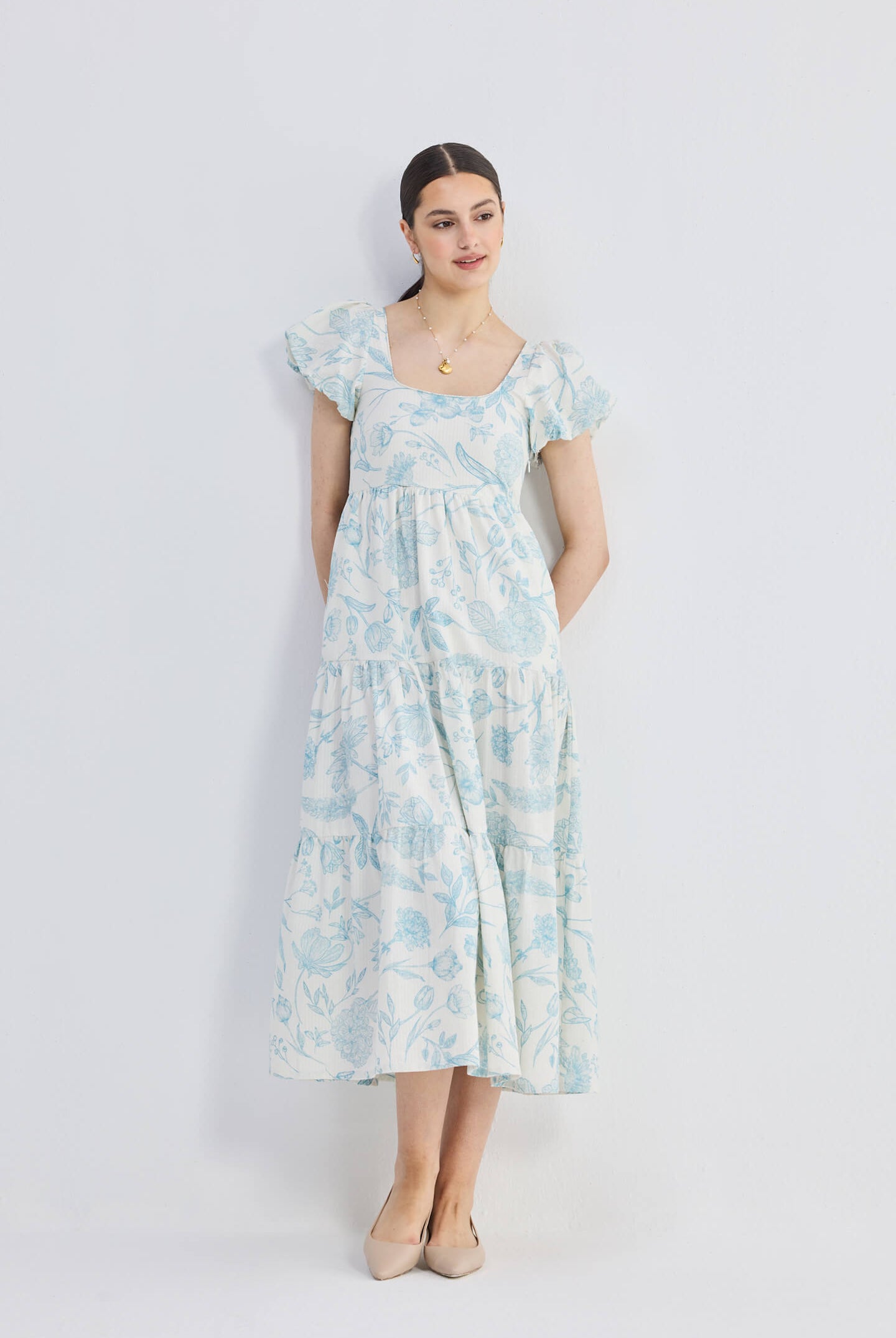 Puff Sleeve Tiered Maxi Dress in Blue Florals Front