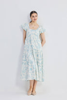Puff Sleeve Tiered Maxi Dress in Blue Florals Front