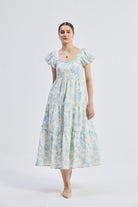 Puff Sleeve Tiered Maxi Dress in Blue Florals Moodshot