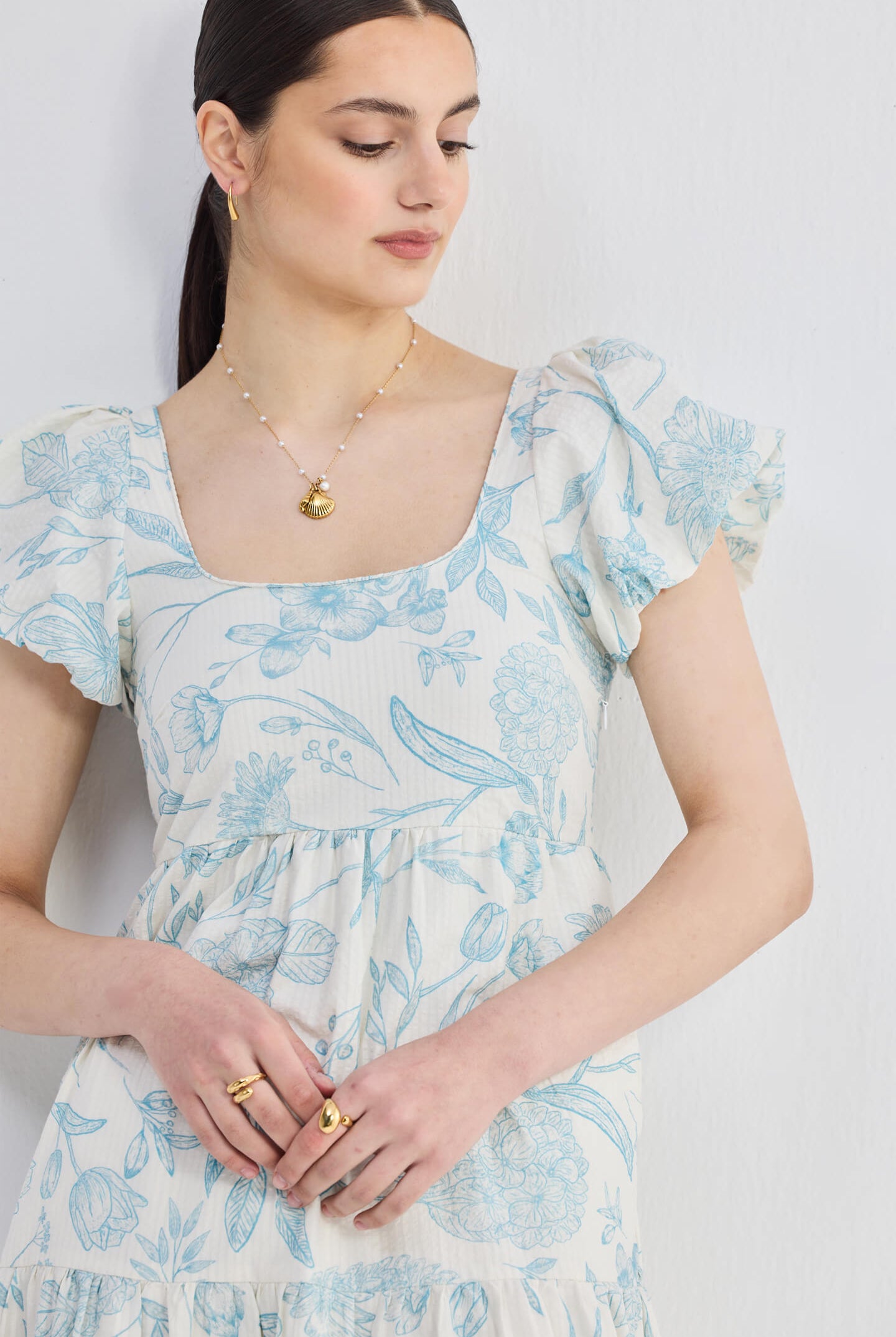 Puff Sleeve Tiered Maxi Dress in Blue Florals Closeup