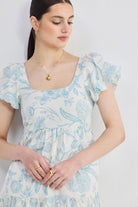 Puff Sleeve Tiered Maxi Dress in Blue Florals Closeup