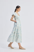 Puff Sleeve Tiered Maxi Dress in Blue Florals Side