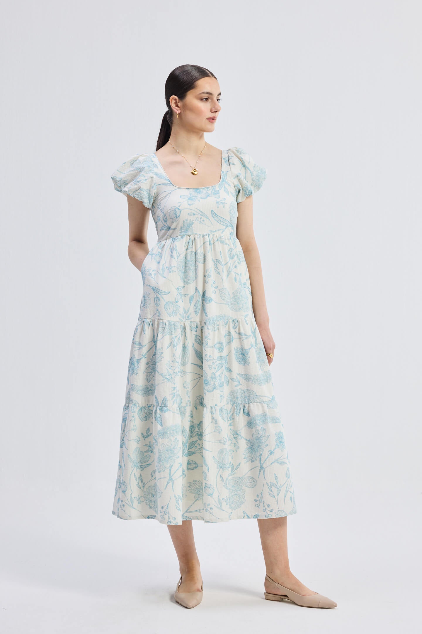 Puff Sleeve Tiered Maxi Dress in Blue Florals Front