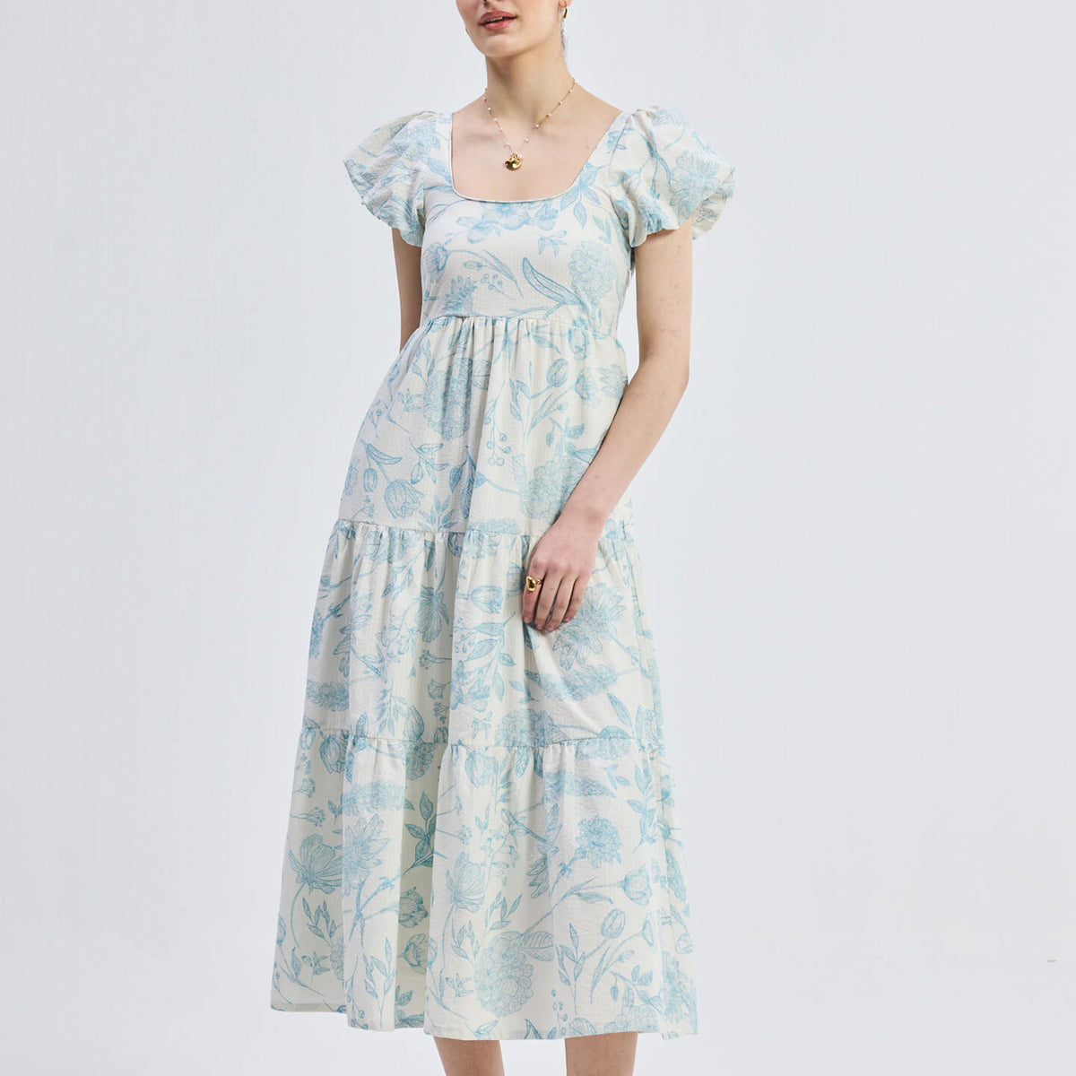 FLORAL SHIRRED BODICE PUFF SLEEVE TIERED MAXI DRESS