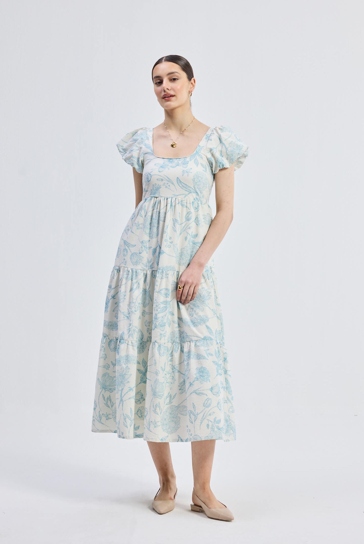 Puff Sleeve Tiered Maxi Dress in Blue Florals Front