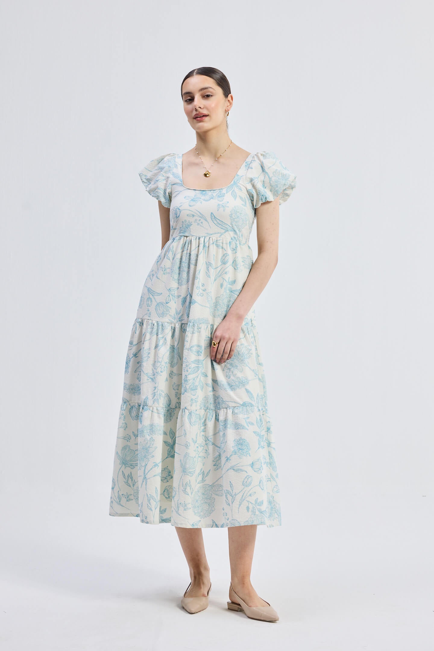 Puff Sleeve Tiered Maxi Dress in Blue Florals Front