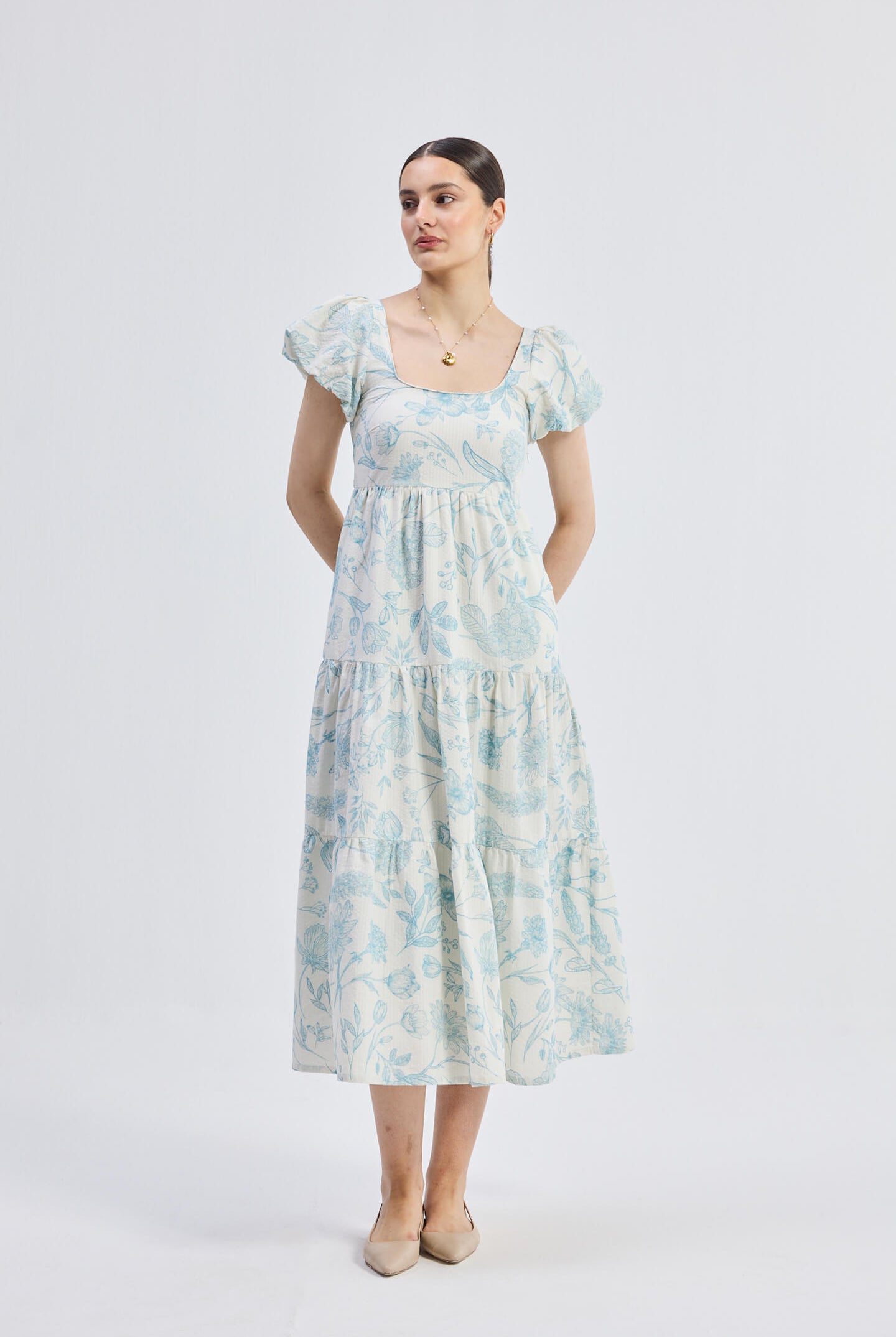 Puff Sleeve Tiered Maxi Dress in Blue Florals Front