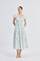 Puff Sleeve Tiered Maxi Dress in Blue Florals Front