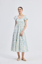 Puff Sleeve Tiered Maxi Dress in Blue Florals Side