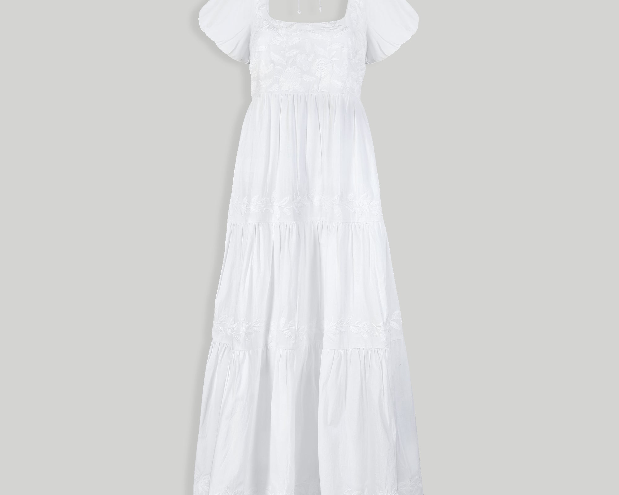 Puff Sleeve Embroidered Tiered Dress in White