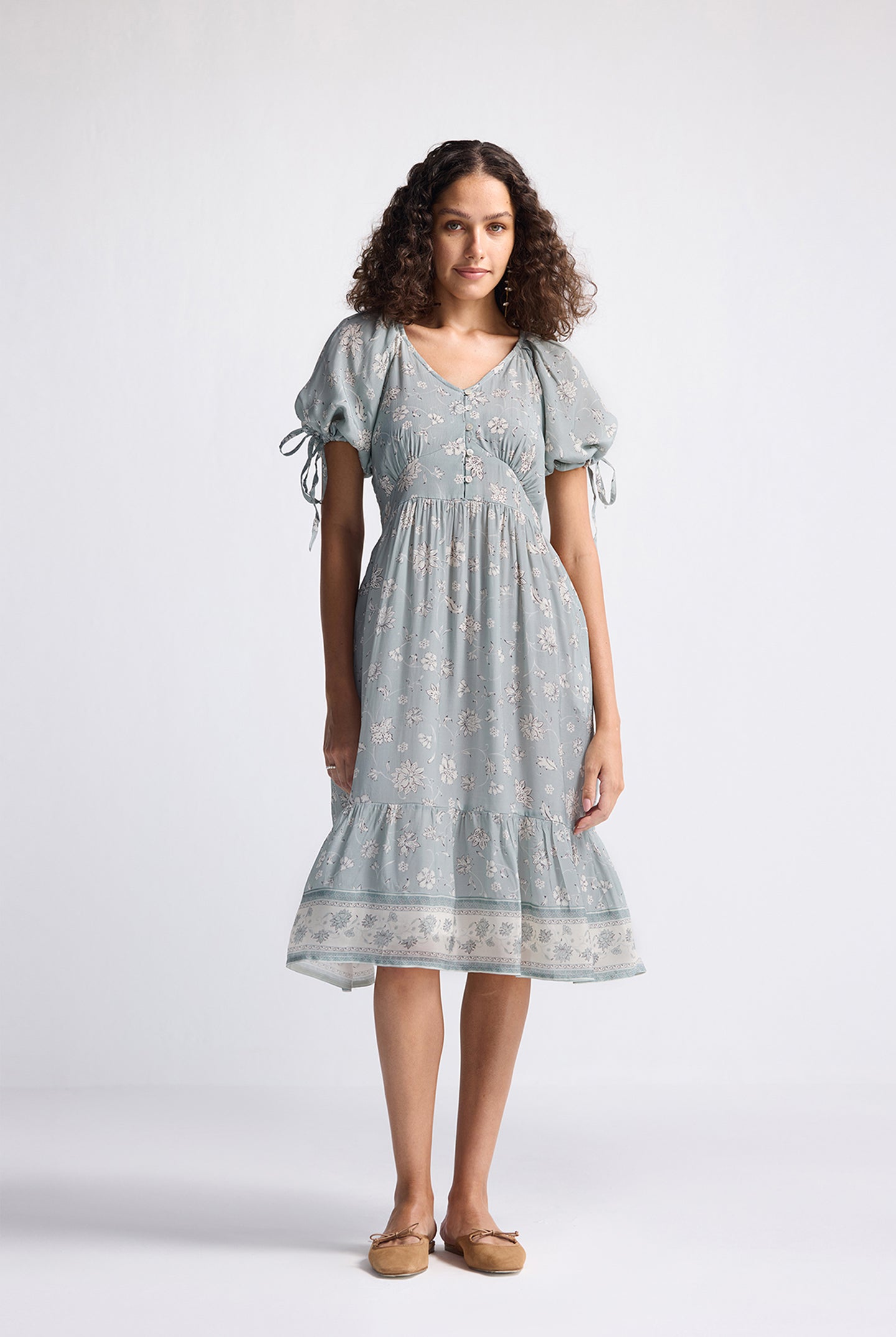 Puff Sleeve Midi Dress in Sage Green Long Shot