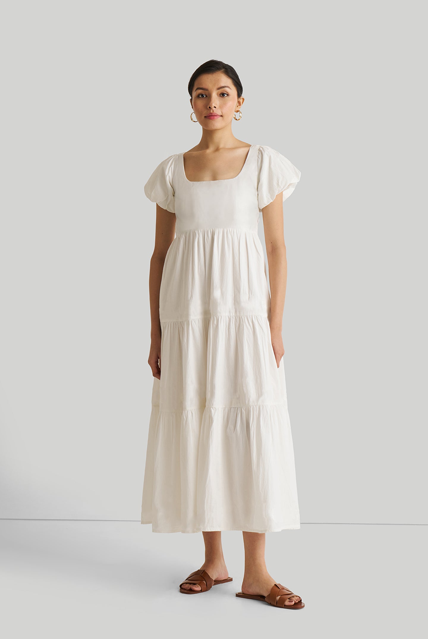 Puff Sleeve Tiered Dress in White