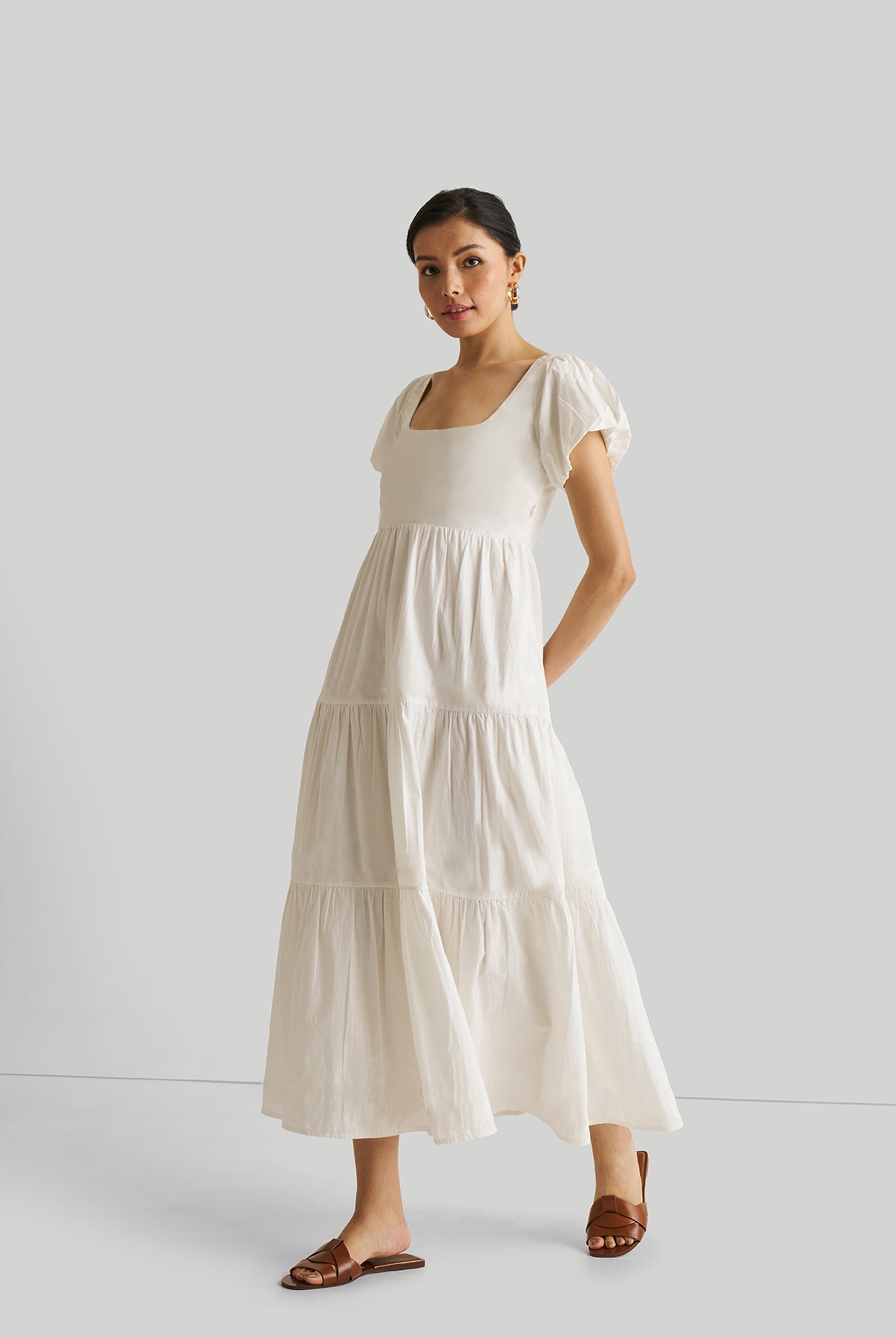 Puff Sleeve Tiered Dress in White