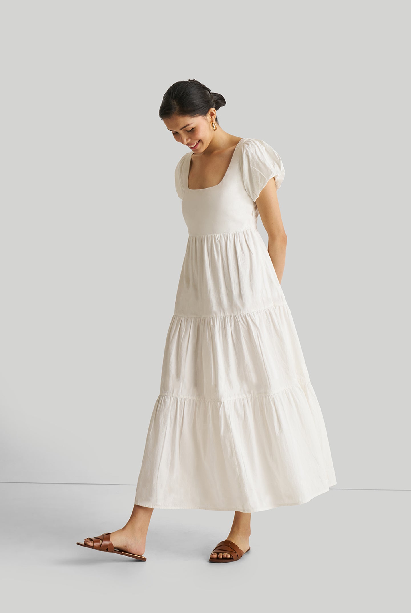Puff Sleeve Tiered Dress in White
