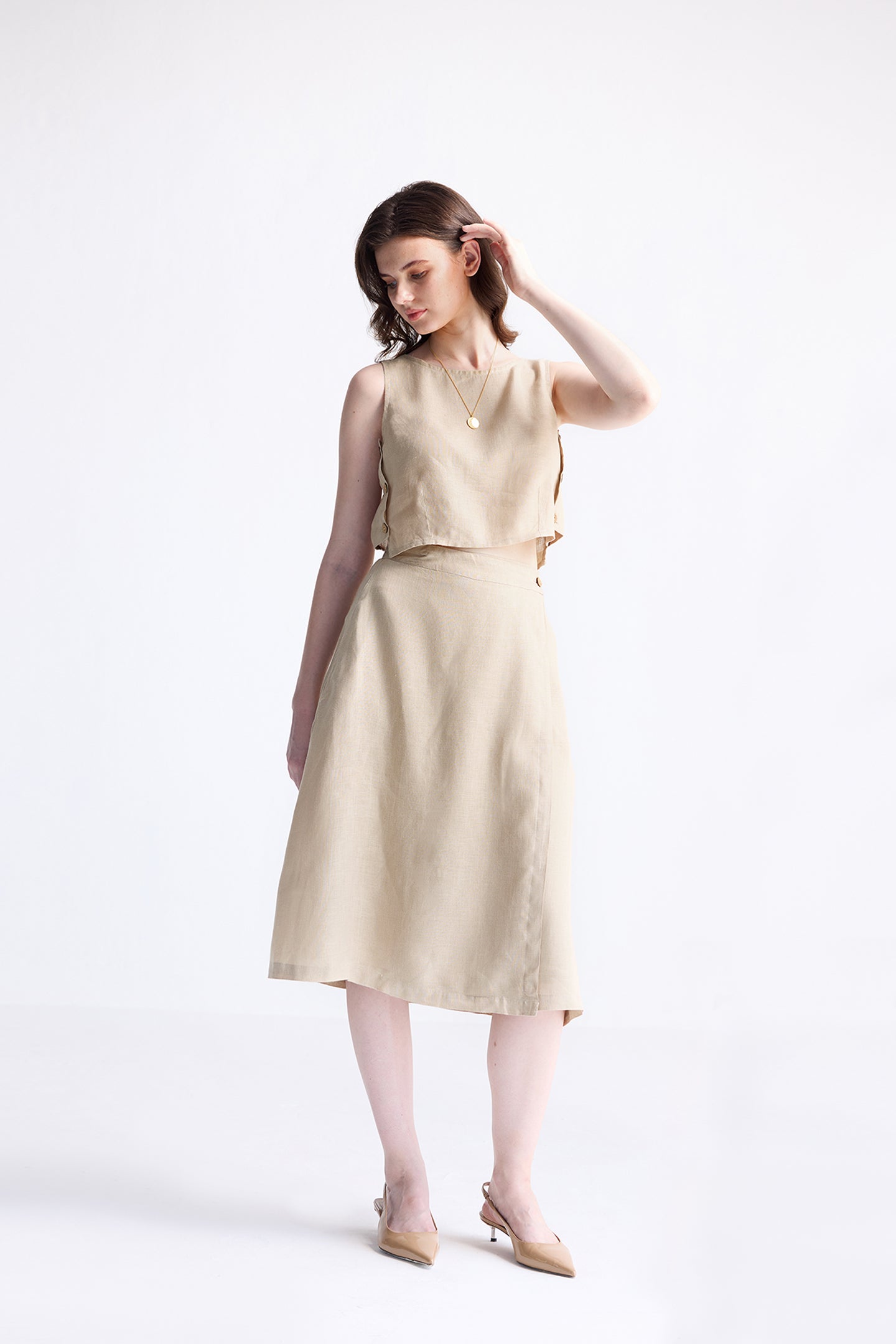 Boxy Crop Top in Neutral Beige Long Shot