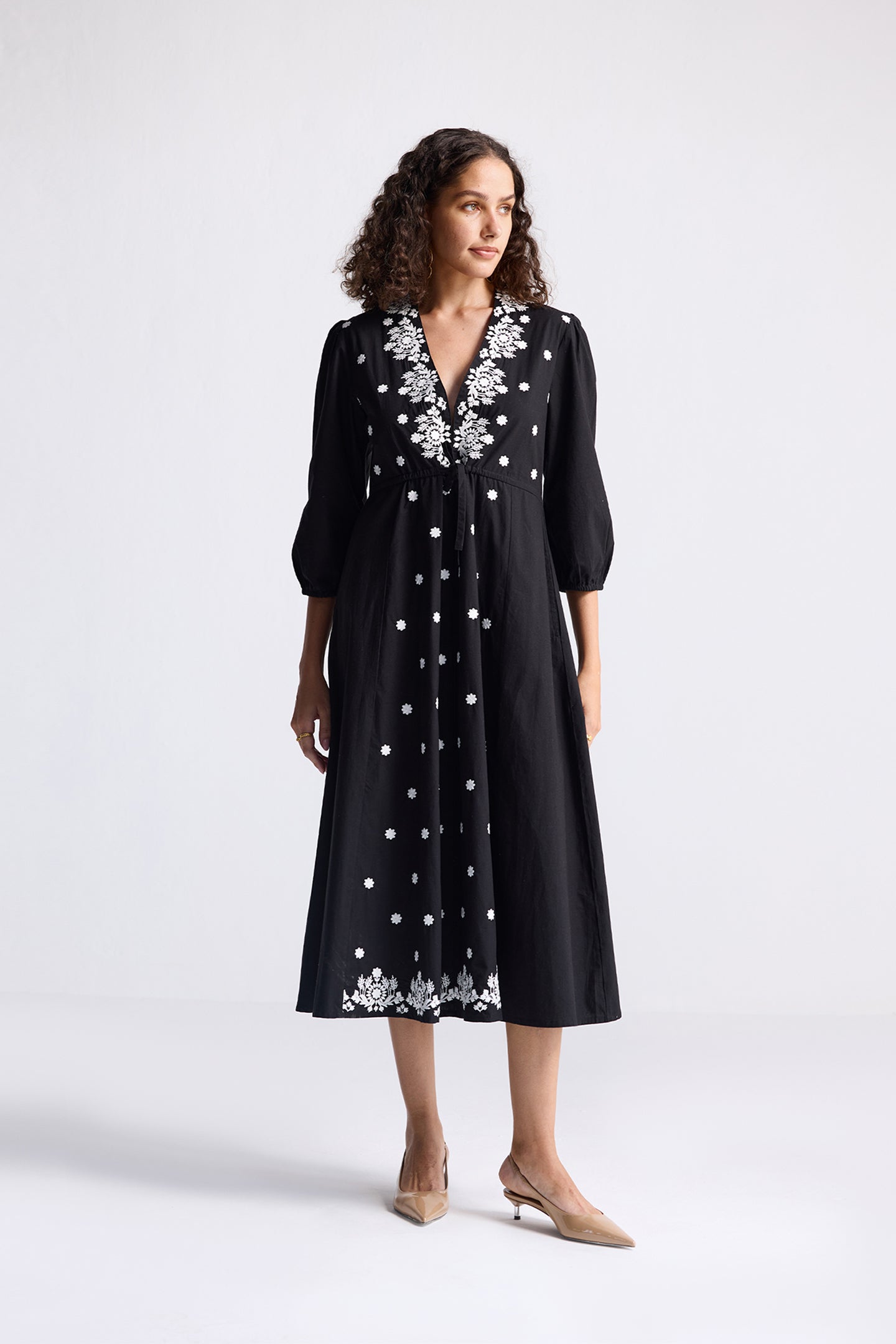 Drawstring Embroidered Dress in Black Long Shot