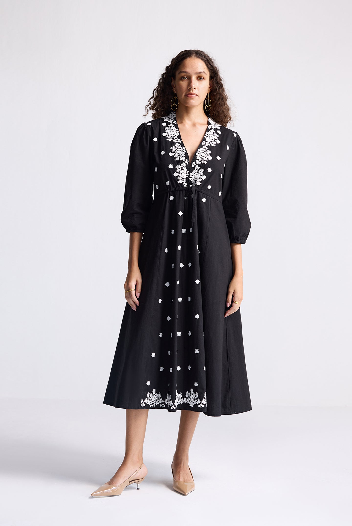 Drawstring Embroidered Dress in Black Long Shot