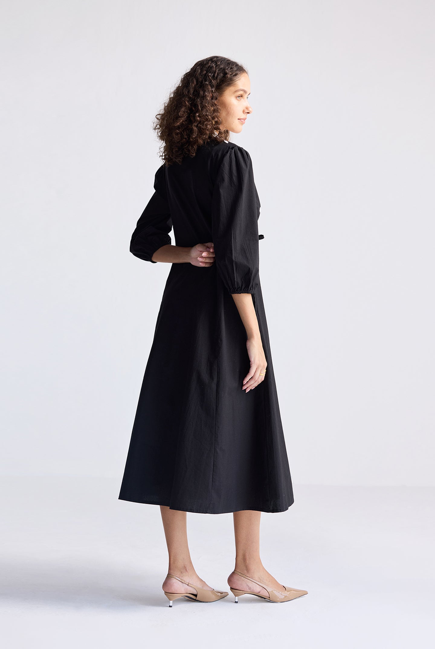 Drawstring Embroidered Dress in Black Long Shot