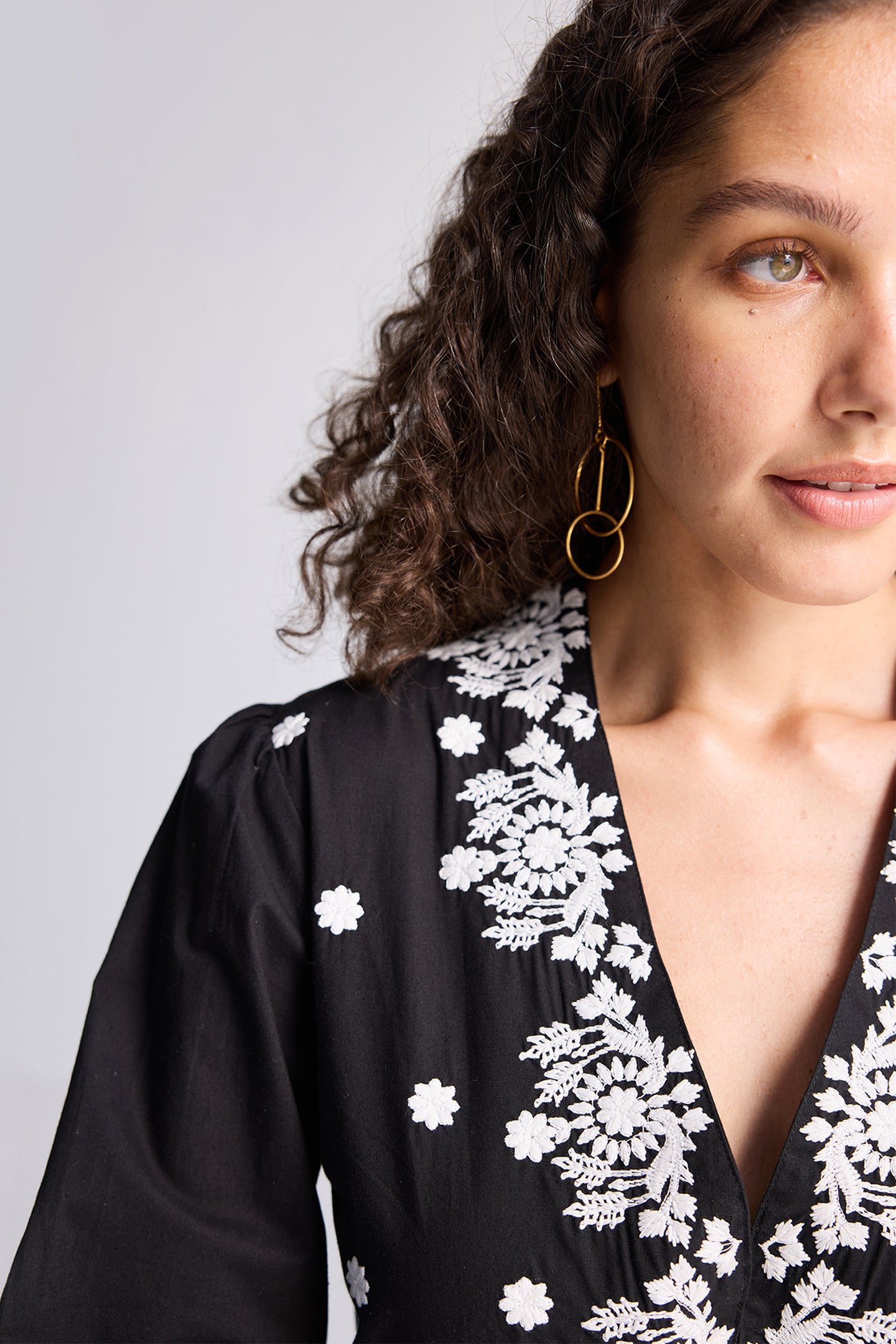 Drawstring Embroidered Dress in Black Closeup