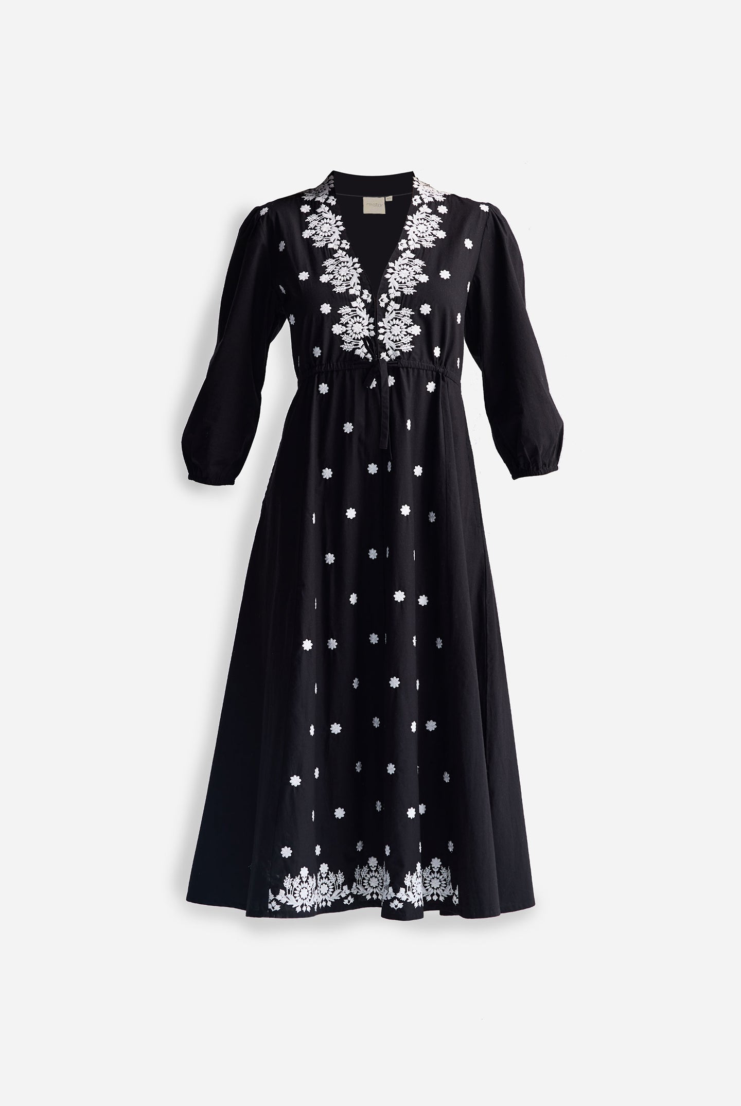 Drawstring Embroidered Dress in Black Flat Lay